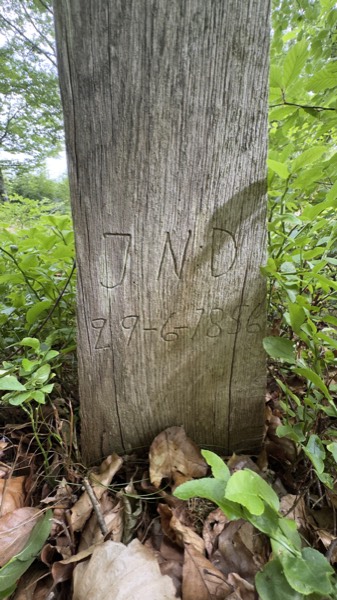Inschrift J N D und 29-6-1856 in einem verwitterten Holzkreuz im Wald