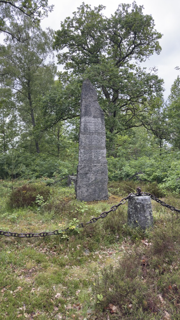 Hög minnessten över slaget vid Sibbarp 1657 i skogen nära Osby, med inskrift