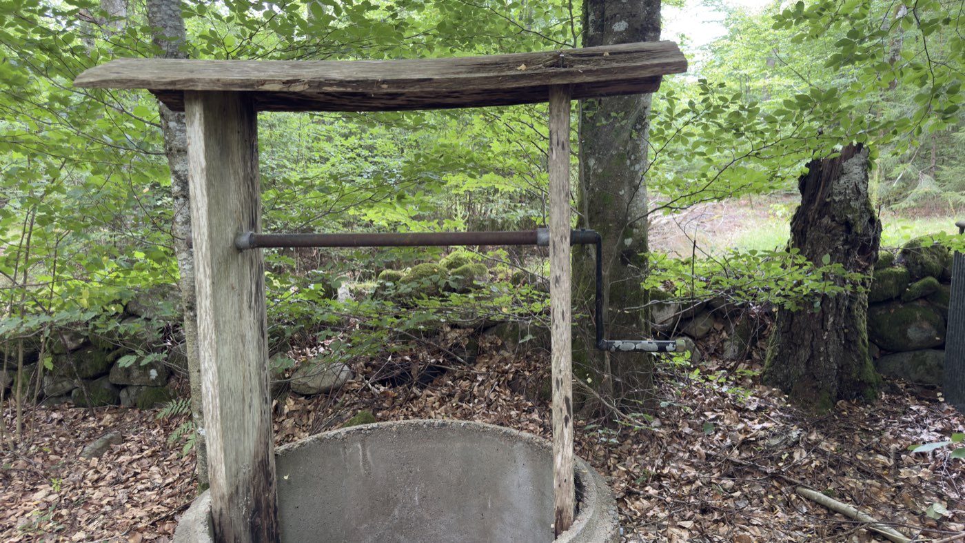 Alter Brunnen mit Holzgestell und Betonring im Wald, dahinter eine Trockensteinmauer