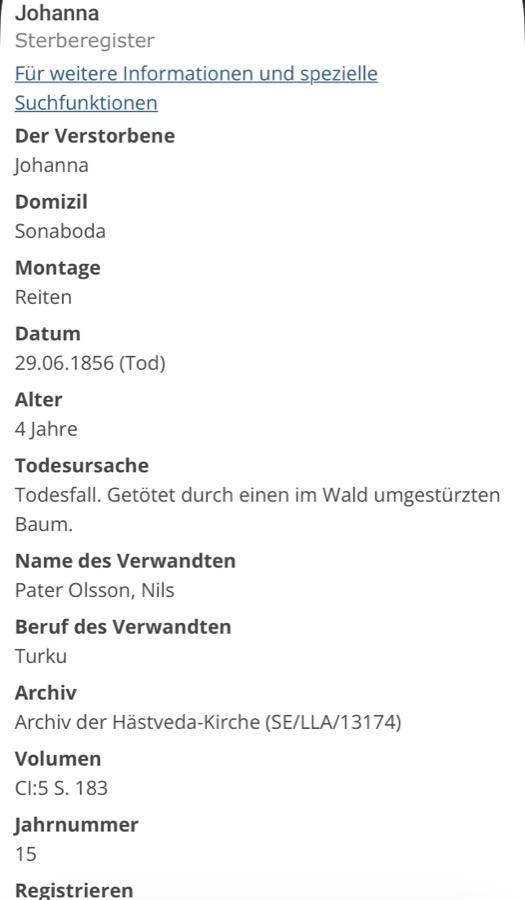 Screenshot des digitalisierten Sterberegisters der Kirche Hästveda mit dem Eintrag zu Johanna, 1856