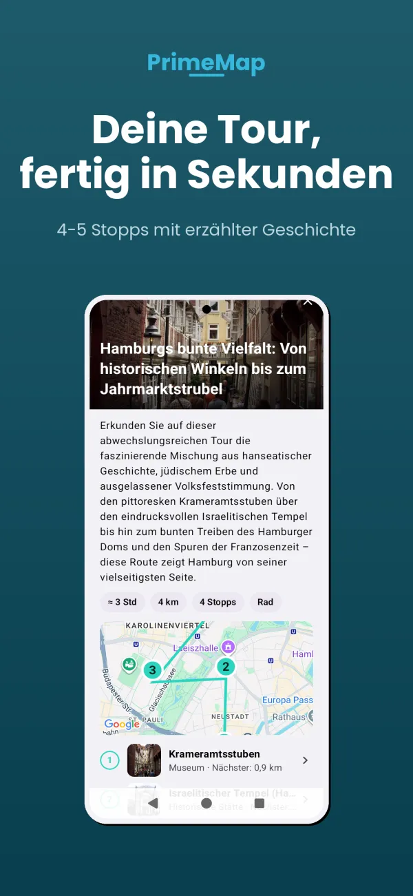 PrimeMap Android – Fertige Tour mit Stopps, Karte und Zeit-Schätzung