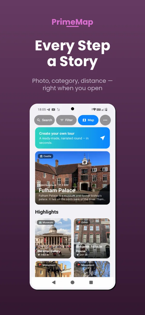 PrimeMap Android – Create your own tour: home screen with tour button