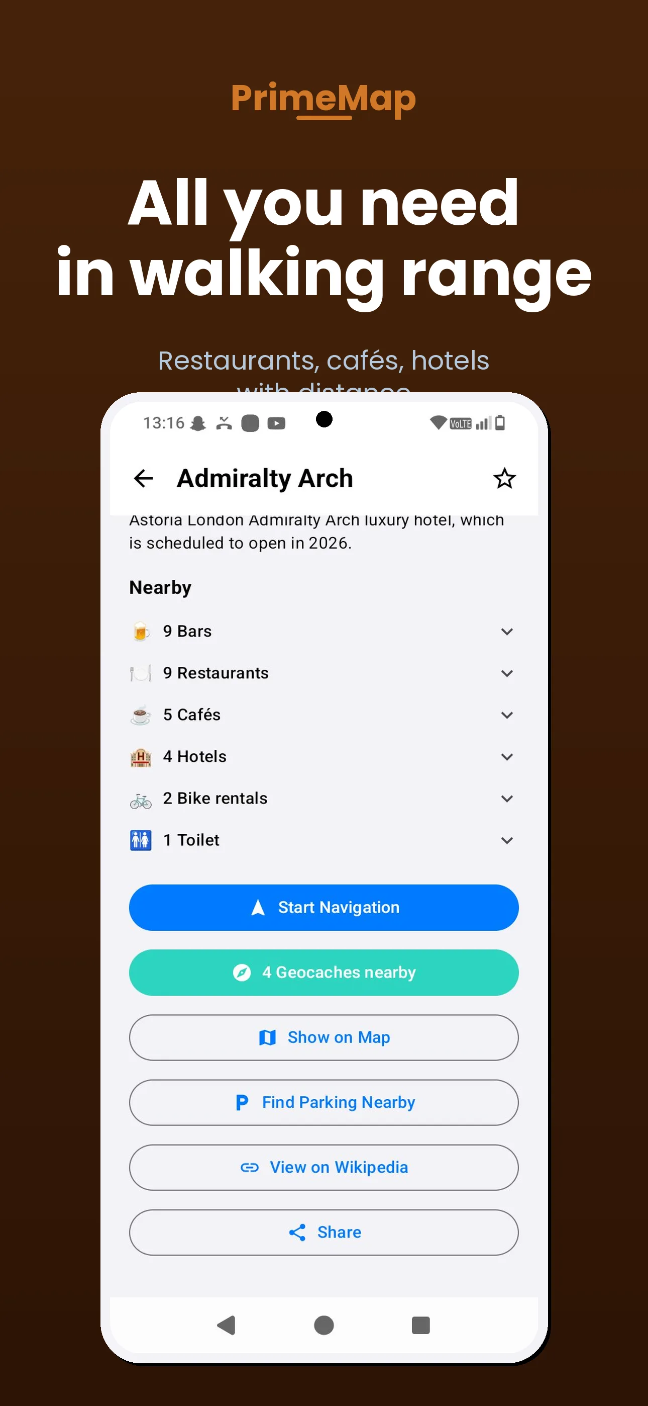 PrimeMap Android – Restaurants, cafes and hotels within walking range