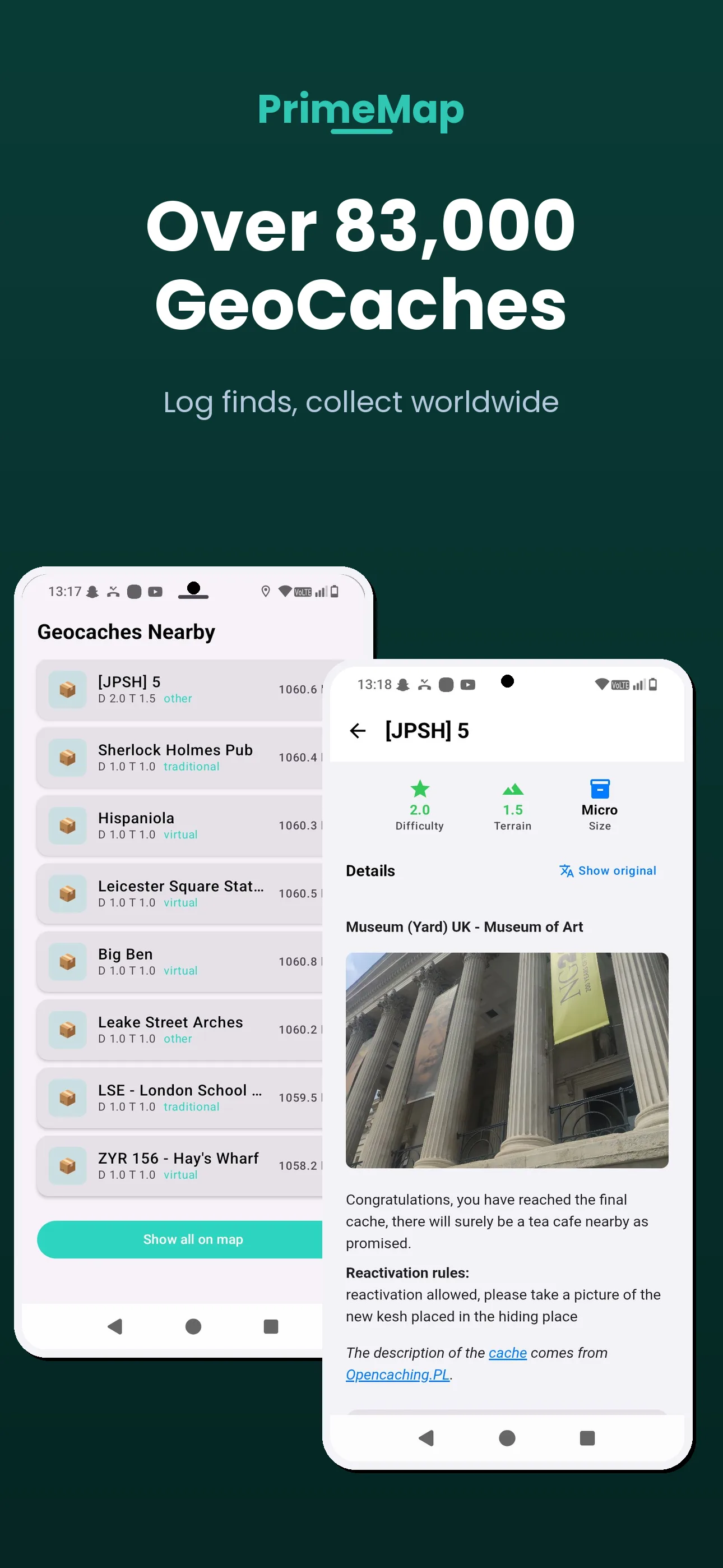 PrimeMap Android – Over 83,000 GeoCaches with full logging