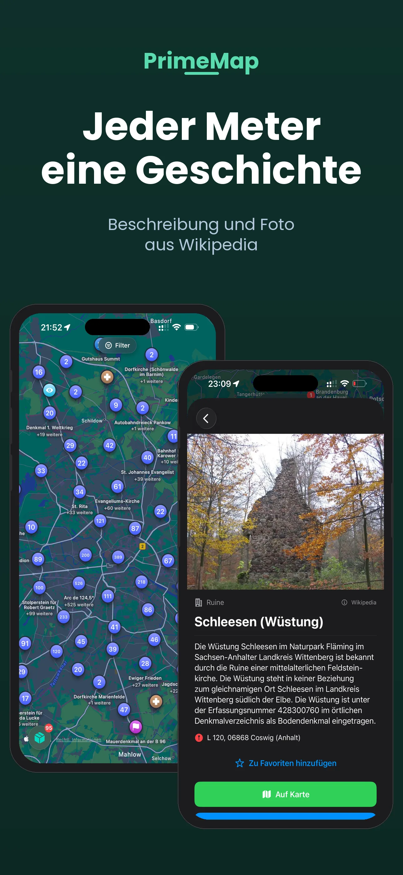 PrimeMap – Jeder Meter eine Geschichte: Karte plus Lost-Place-Detail mit Wikipedia