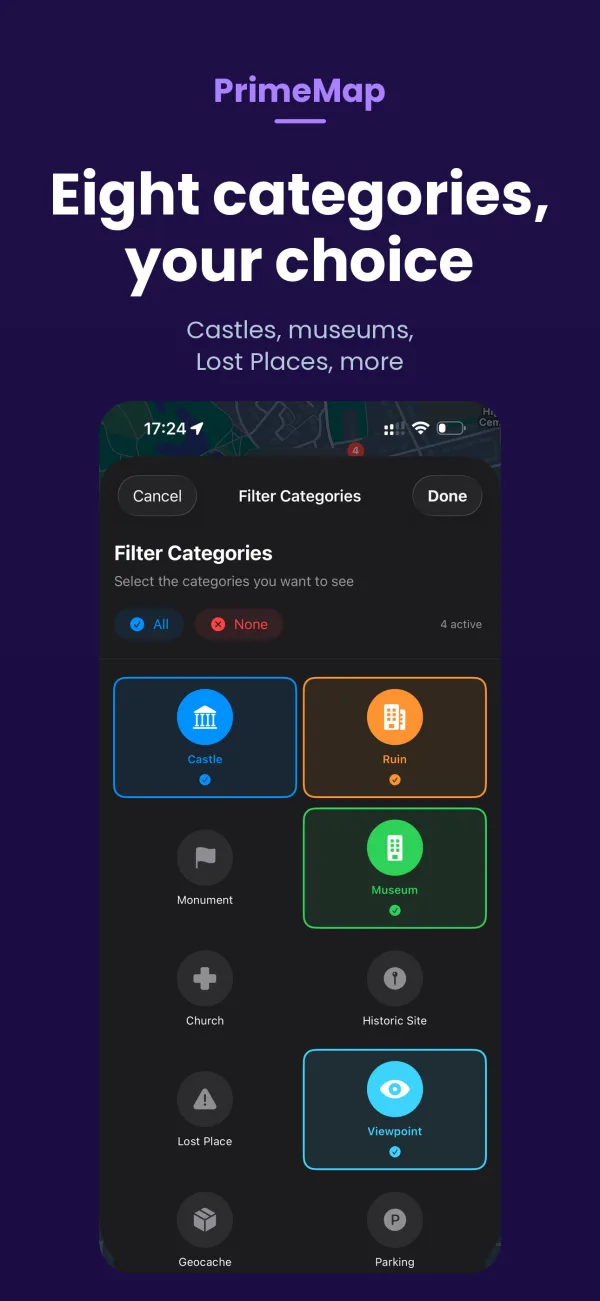 PrimeMap list view – nearby points of interest