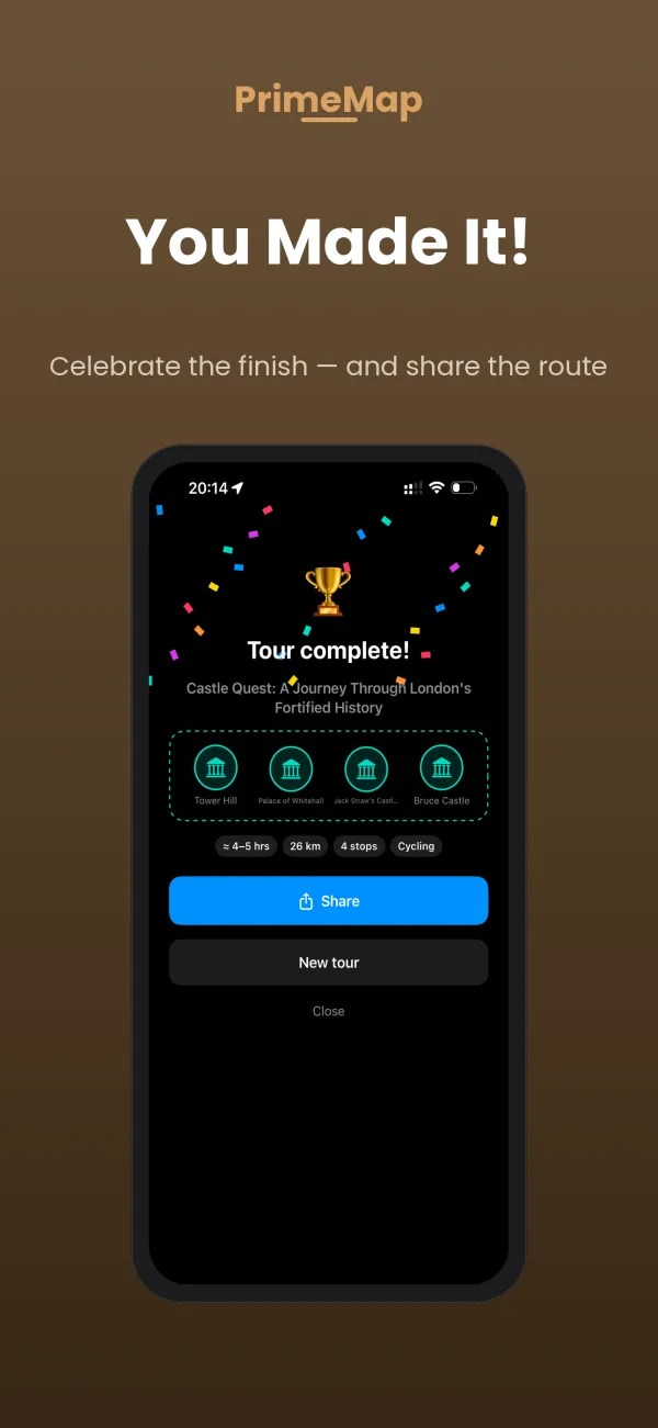 PrimeMap – Tour completed: stamp card and share the route